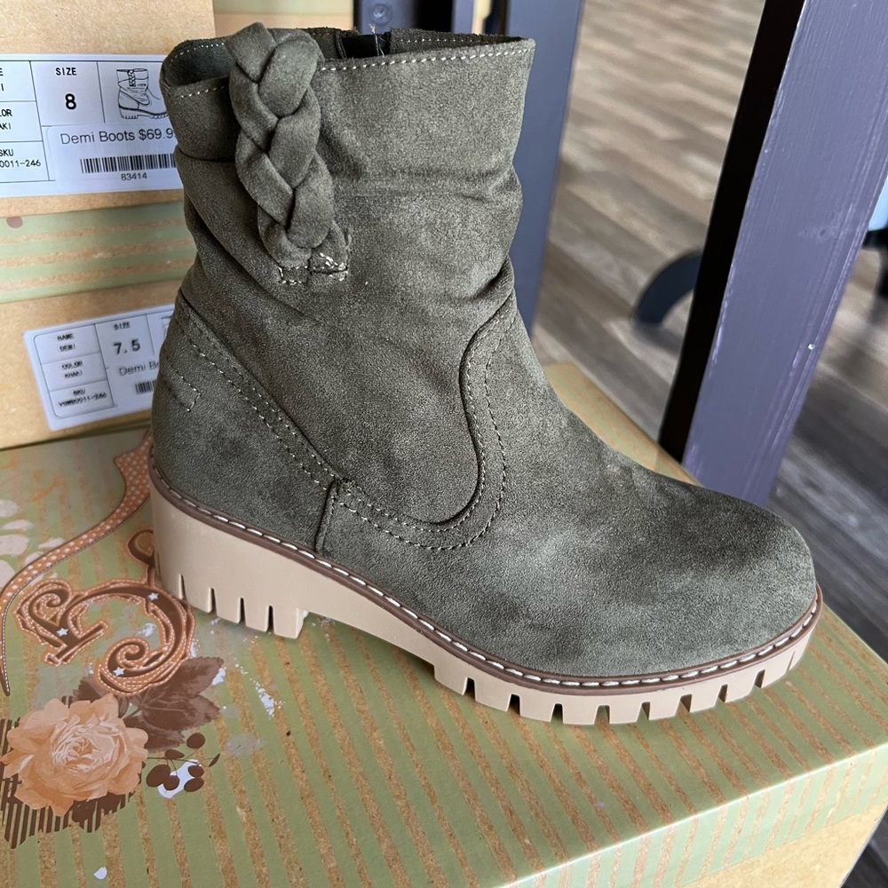 Very G Olive Ankle Boots with Braided Detail Brand New in Box